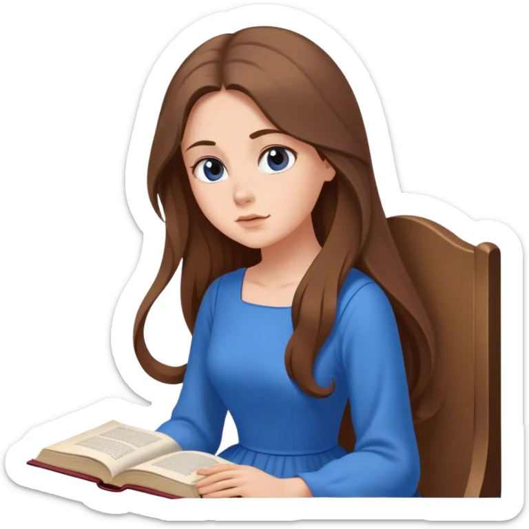 Cinematic Elegant Belle Portrait Emoji, Sitting with an open book, eyes dreamy with thought, her iconic blue village dress draped gracefully, exuding intelligence, kindness, and timeless charm! sticker
