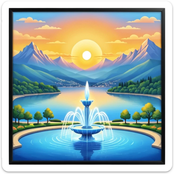 Please generate an image of a sunrise illuminating a lake with a huge fountain like that in the Geneva lake and some mountains in the background. sticker