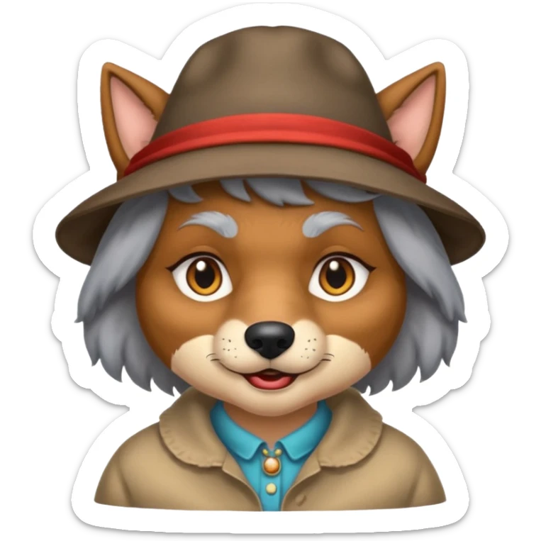 The big bad wolf is wearing Grandma's clothes and a hat, yet its face still looks like a wolf's. sticker