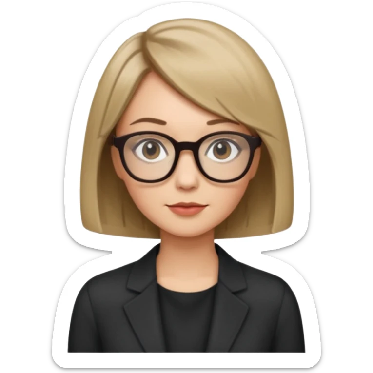 woman dark blonde petite bob haircut wears dark squarish glasses, classic clothes sticker