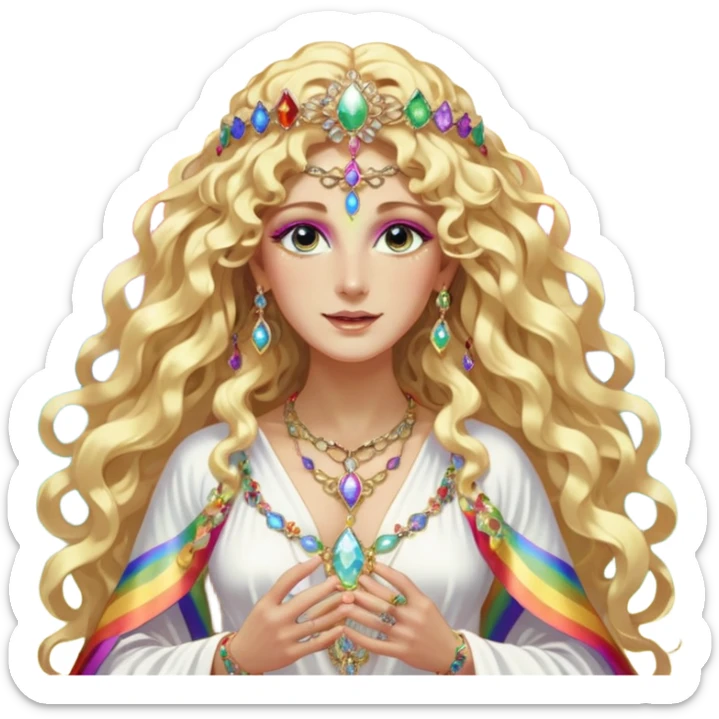 a being made of light pleidian nordic long faces and curly huge thick blond hair but beautiful features of light wearing jewels and a rainbow halo like a saint arount her a robe on made of light and gem  transparent belly dancer and who is lanky holding a bouquet of crystal flowers on rainbow fire sticker
