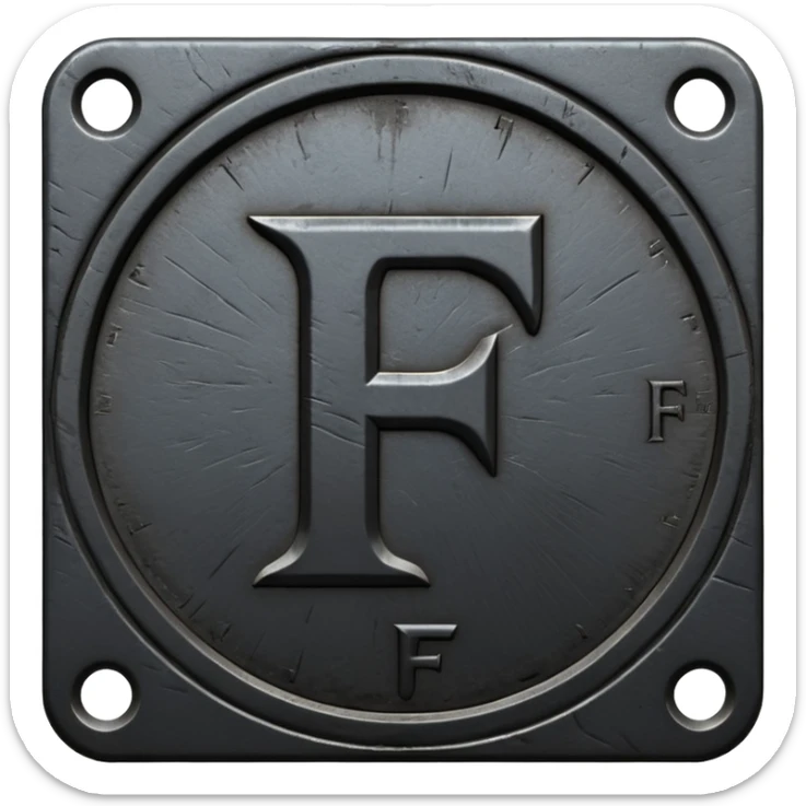 Minimal emoji, gothic metal coin made of black steel, engraved number f at the center, ancient industrial aesthetic, worn metal texture, no glow, no neon, flat emoji design, centered, transparent background sticker