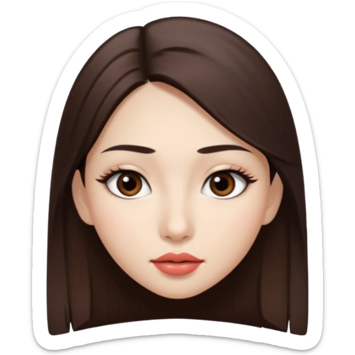 Una chica con piel muy clarita con pleo liso largo de color castaño y unos ojos marrones oscuro y labios grandes y nariz bonita y con unas pestañas que parezca asiatica que tenga las cejas un poquito mas juntas sticker