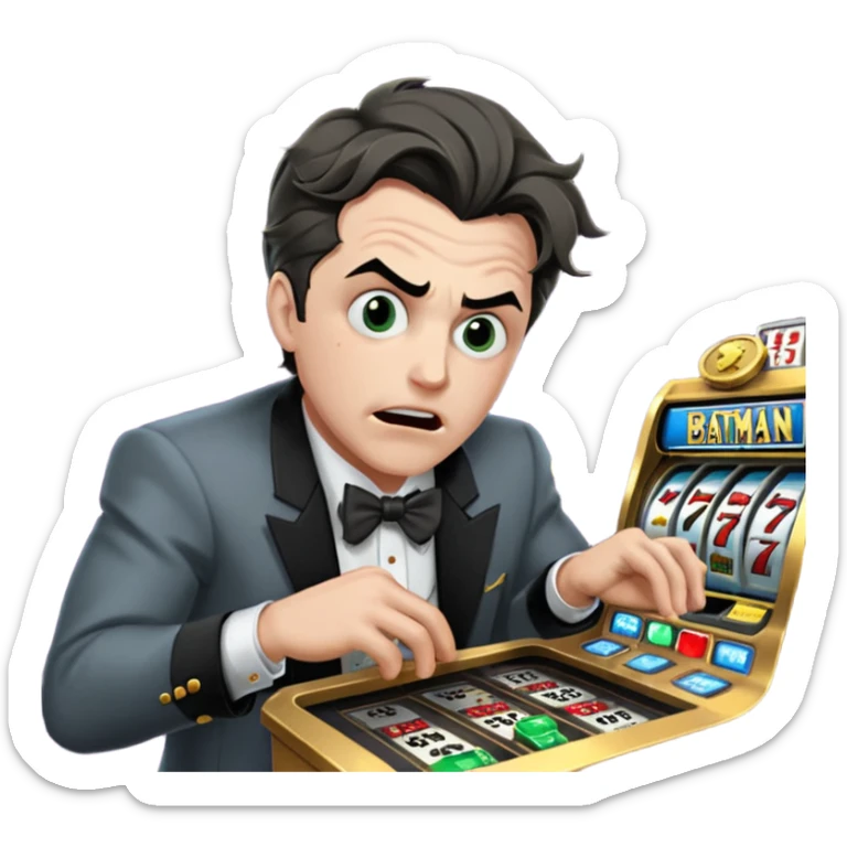 disheveled bat man losing money at a slot machine, panicked face, coins flying sticker