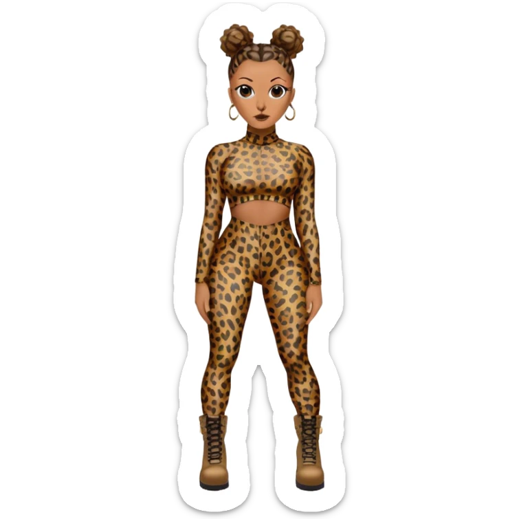 Melanie Brown with topknots in her hair wearing a tight leopard print two piece bodysuit and combat boots sticker