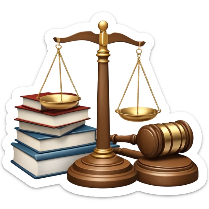 An icon featuring a gavel, scales of justice, and legal books, symbolizing law. The design includes a courthouse building in the background, representing the legal system and justice. Transparent background highlights the authority and structure of the law. sticker