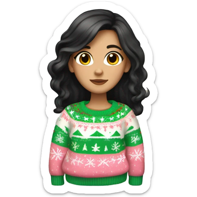 White girl with long black hair wearing a Pastel Christmas sweater sticker