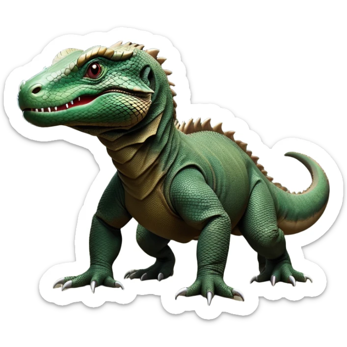 cinematic-komodo-dragon-realistic-full-body-standing on all fours-emoji,-massive-scaled-body-poised-with-quiet-power,-rough-textured-skin-dark-green-and-dark brown, black,-head-tilted-dramatically,-long-forked-tongue-flicking-out,-simplified-yet-realistic-focused-features,-highly-detailed,-glowing-with-an-almost-sarcastic-glow

 sticker