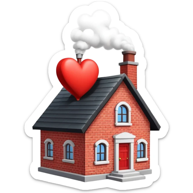 small house with a big red heart coming out of the chimney, light background sticker