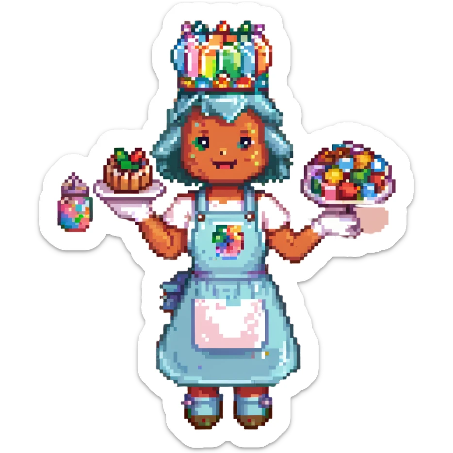 A playful baker in a pastel-pink candy lab. Walls of bubblegum bricks, frosting-covered counters, and a cupcake-shaped oven. The baker wears a gummy bear-studded apron, marshmallow gloves, and a rock candy crown. UI elements look like melting lollipops, candy cane sliders, and syrupy transitions. sticker
