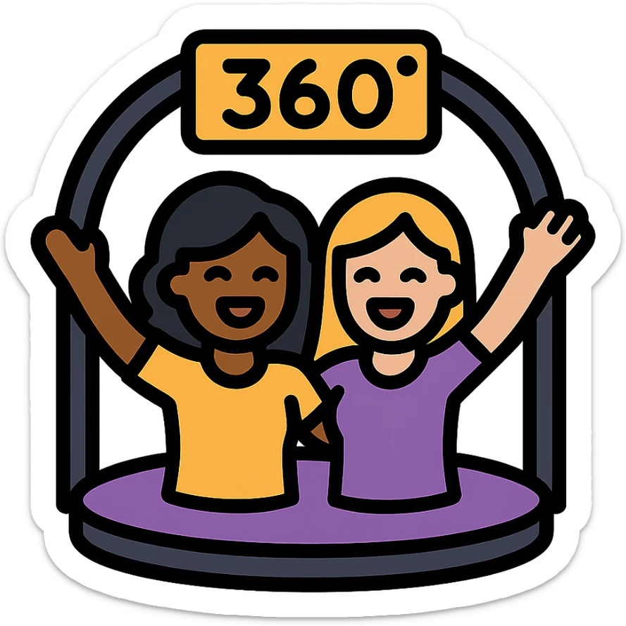 small simple icon of a 360 booth with two women, one Black and one White, smiling and celebrating, with Xyan 360 signage, purple gold and black color scheme sticker