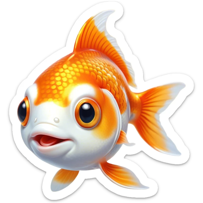 Cinematic Cute Orange and White Goldfish Portrait Emoji, Head tilted playfully and inquisitively, featuring a glossy, vibrant body adorned with a striking mix of orange and white, round, sparkling golden eyes filled with curiosity, Simplified yet irresistibly adorable features, highly detailed, glowing with a warm, friendly glow, high shine, affectionate and lively, stylized with a touch of whimsy, bright and endearing, soft glowing outline, capturing the essence of a mischievous yet loving goldfish, so playful it feels like it could swim out of the screen and into your heart! sticker