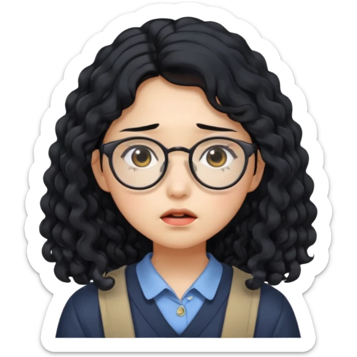  Korean female college student with a worried face , long curly hair  sticker