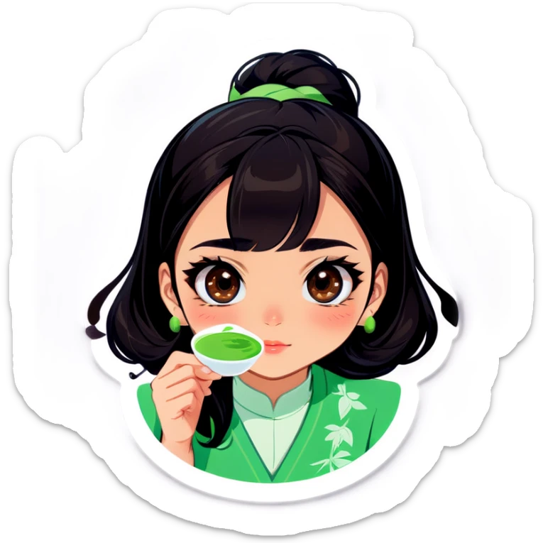 Woman with black hair, brown eyes and Matcha in her hand very girlie sticker