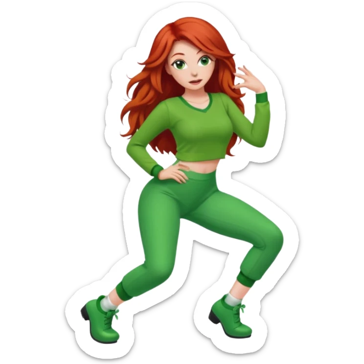 Red head lady twerking with long red hair and green cute outfit sticker