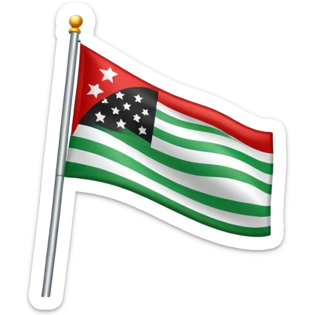 A flag that has a green top and white background and Three red stars ant the middle and black on the bottom sticker