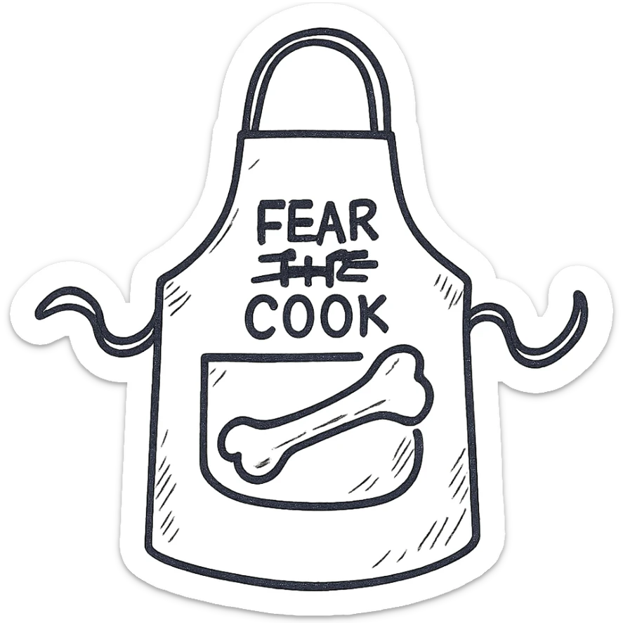 An apron with the text "Kiss the Cook" scratched out and replaced with "Fear the Cook", featuring a giant rib bone as a weapon sticker