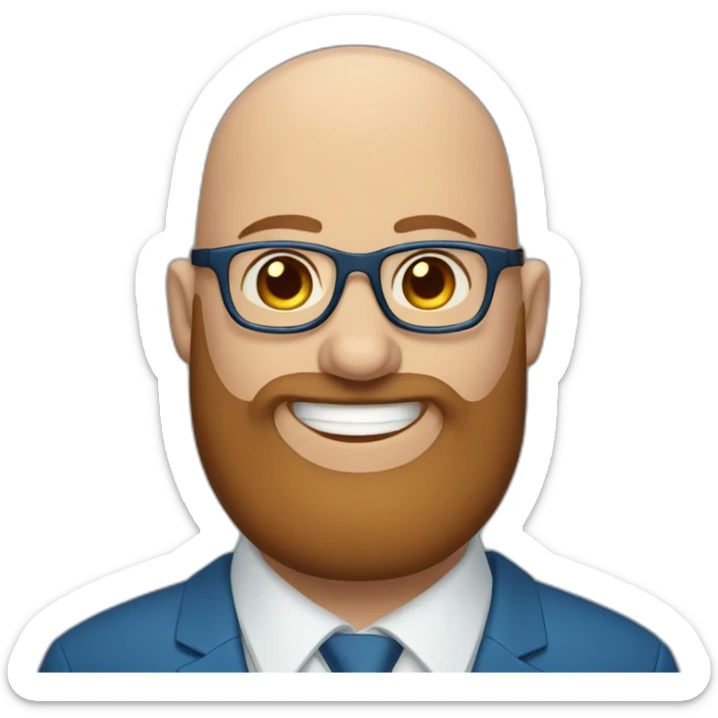 blue-eyed fat smiling bald man with a long brown beard in a blue suit with glasses sticker