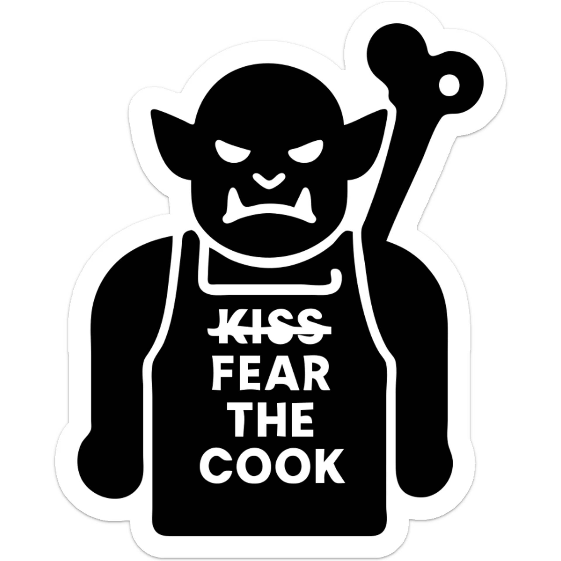 An orc wearing an apron with the text "Kiss the Cook" scratched out and replaced with "Fear the Cook", featuring a giant rib bone as a weapon sticker