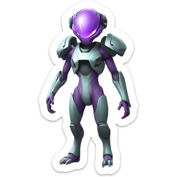 A Reptile-Raptor-Genesect-Mewtwo-Fakémon, with a futuristic visor-helmet, wearing a techwear-suit, Full Body sticker