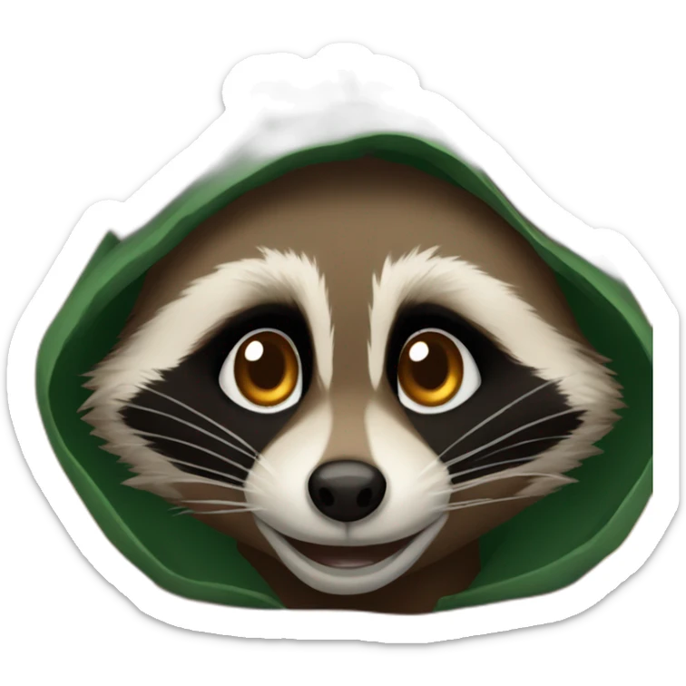 brown raccoon with orange eyes and a dark green hood that smile sticker