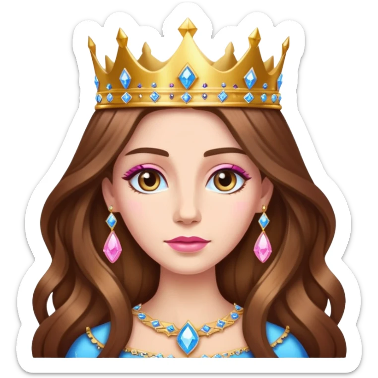 Queen, brown long hair, golden crown encrusted with pink and blue diamonds sticker