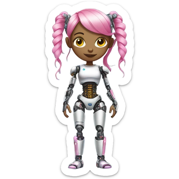 cyborg girl, pink hair, robot body, gynoid, twintails, cyberpunk sticker