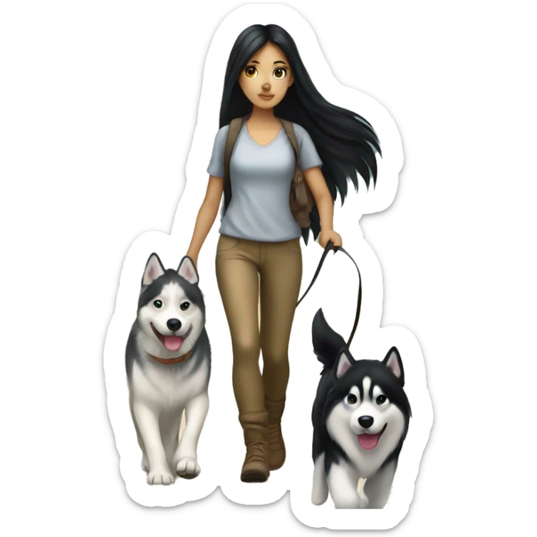 Long black hair pale girl walking husky dog sticker