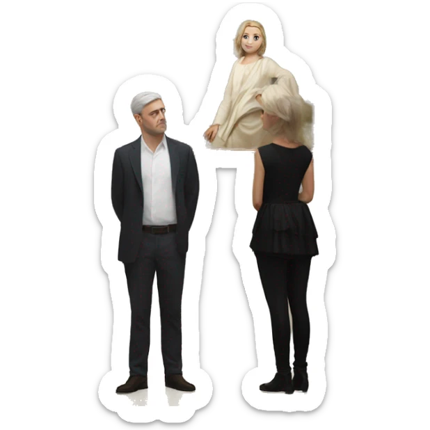 White men and women in an art gallery, staring at a painting sticker