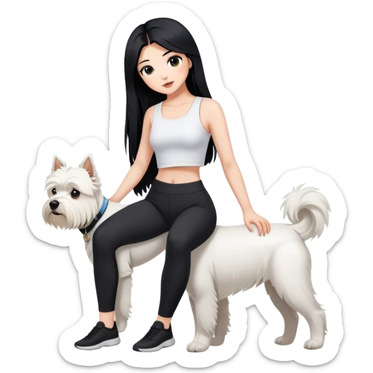A girl with long black hair in a white crop top and black leggings holding a west highland terrier sticker