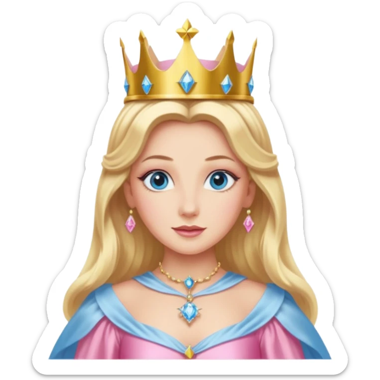 Glinda the Good Witch from The Wizard of Oz with light skin, blue eyes, long blonde hair, pink outfit and crown sticker