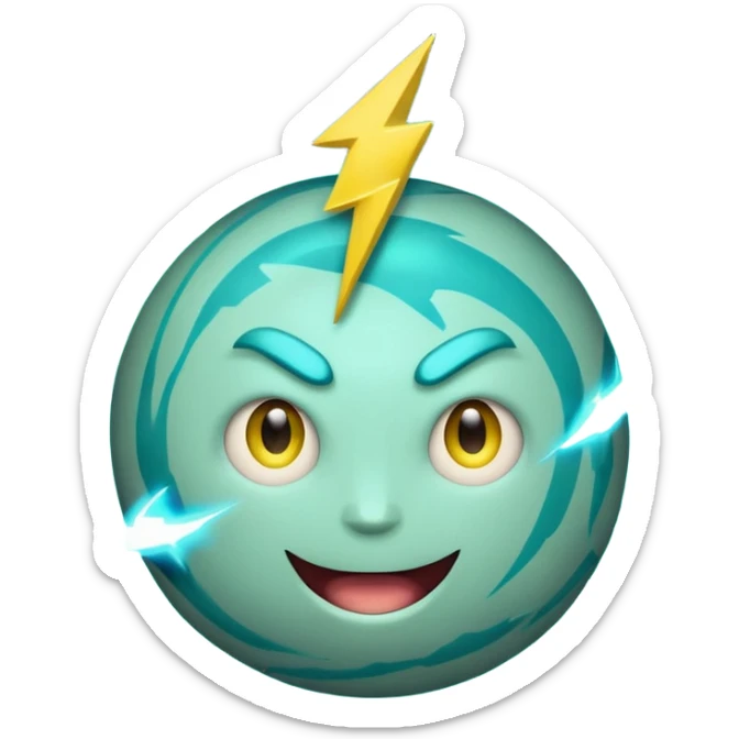 Uranus planet emoji in Apple-style, blue-green color with visible rings, a big playful and excited face, and one large yellow lightning bolt in front of the planet. The emoji is bursting with electric, chaotic, and unexpected energy, with highly expressive and fun features. sticker