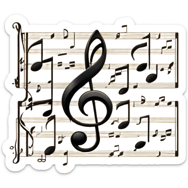 Cinematic Realistic Music Notes, crisp black ink on vintage sheet music, slightly curled edges, soft candlelight casting subtle shadows, glowing with an artistic and nostalgic charm. sticker