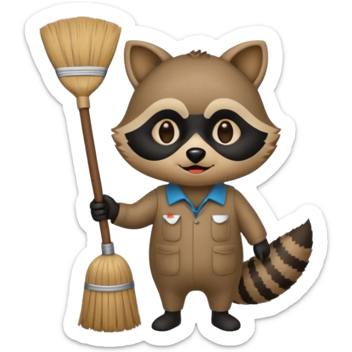 raccoon cleaner emoji, round face, holding a broom, simple and expressive, apple emoji style sticker