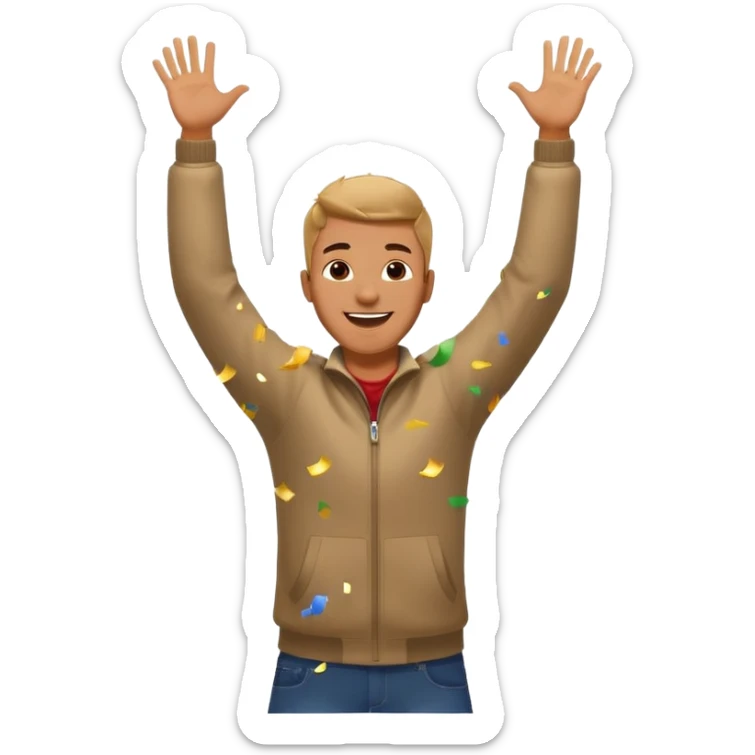 hombre sonriendo saltando con los brazos hacia arriba saltando, con explosivos, confites volando, sticker