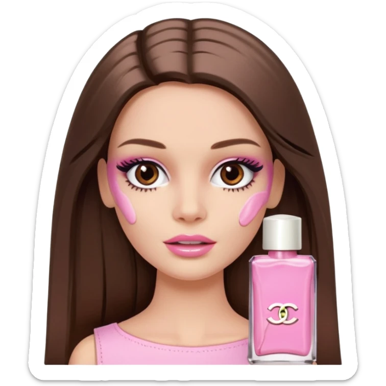 Barbie girl a brown long Straight hair and brown eyes is In pale pink smears by hand cosmetic cream Chanel on her face sticker