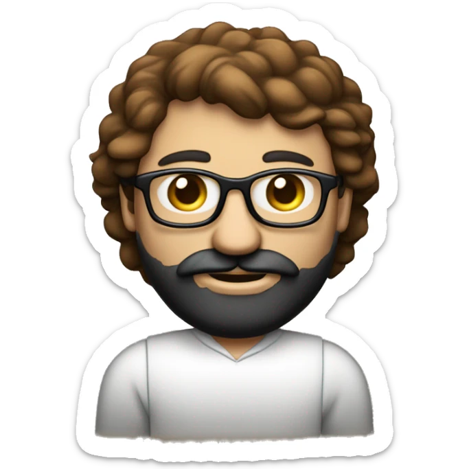 Un homme blanc avec une barbe noir rasé et des cheveux noir très court avec des yeux marron et des lunette fine et ronde qui travail sur un macbook sticker