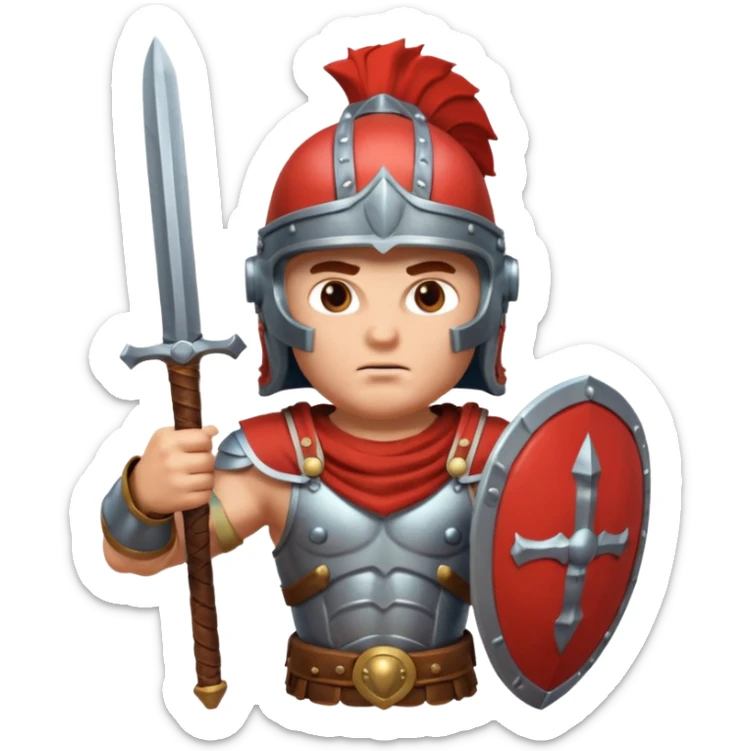 An emoji of the Roman god Mars. He is a warrior with a helmet and armor, holding a sword and shield, with a fierce expression. sticker
