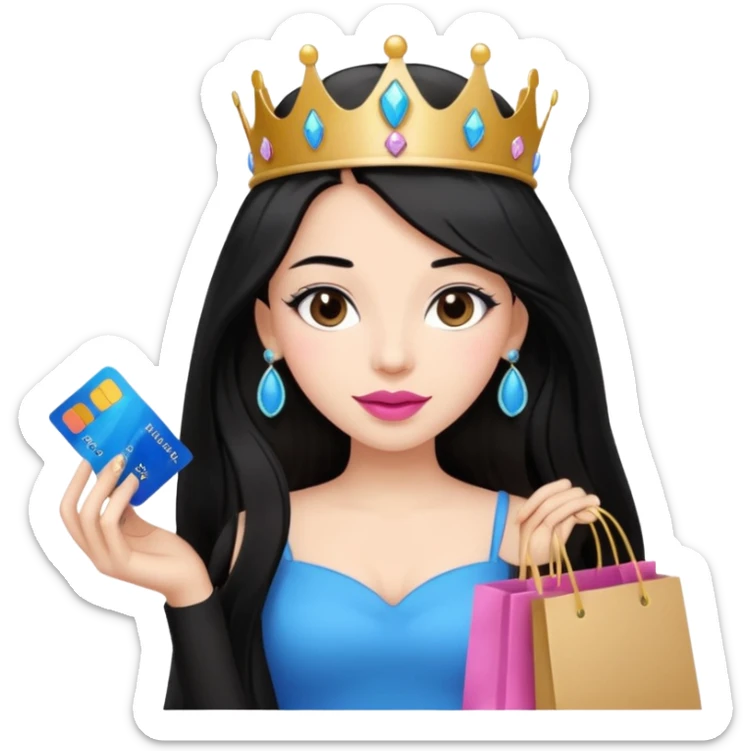 Girl with long black hair and tiara pink lipstick, brown eyes holding shopping bags and blue credit card sticker