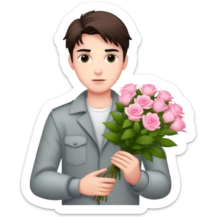 A cool bad boy with fair skin holding a bouquet of pink jasmine roses sticker