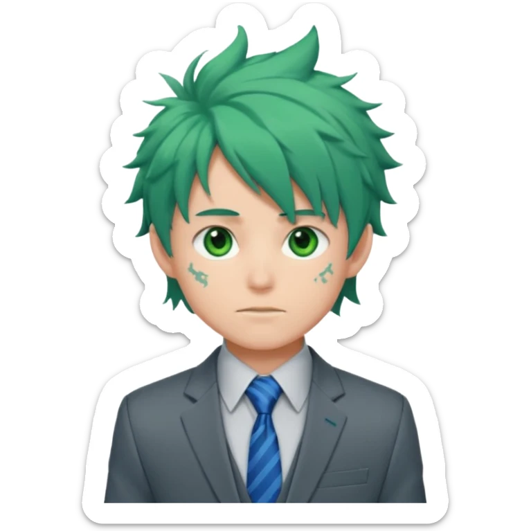 deku : boy anmie green hair green eyes in a ua gray jacket and blue tie suit with frenkles messy hair sticker