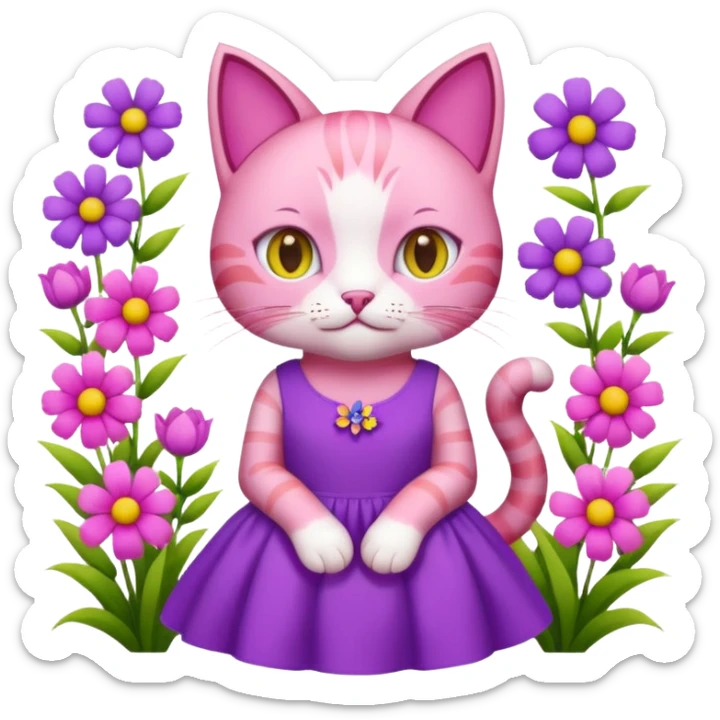 Pink cat wearing a cute purple dress surrounded by lots of flowers  sticker