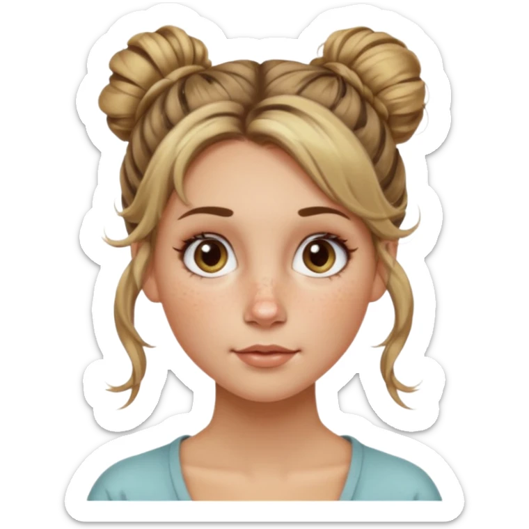 creative women with long dark Blond with highlights semi curly hair white women with hair in a messy bun, oval shape face hazel eyes long lashes freckles on the nose high cheek bones sticker