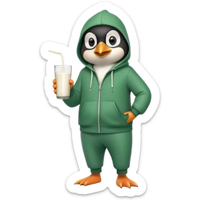 full body portrait of a friendly anthropomorphised penguin wearing a green mafia-style tracksuit, angry, intense brooding posture, holding a glass of milk sticker