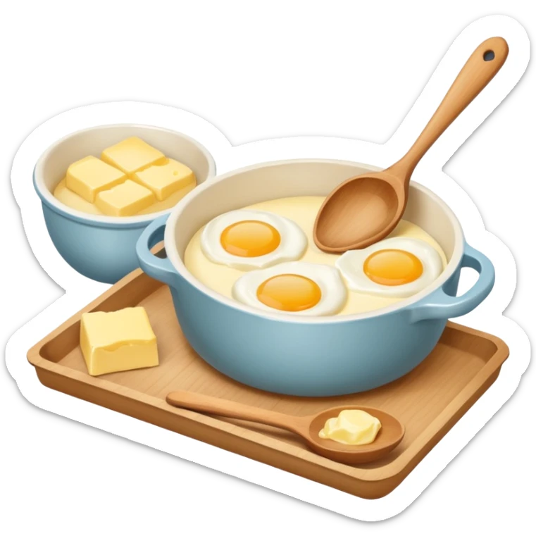 A carton of eggs, butter and a cream ceramic baking bowl with a wooden spoon in it sticker