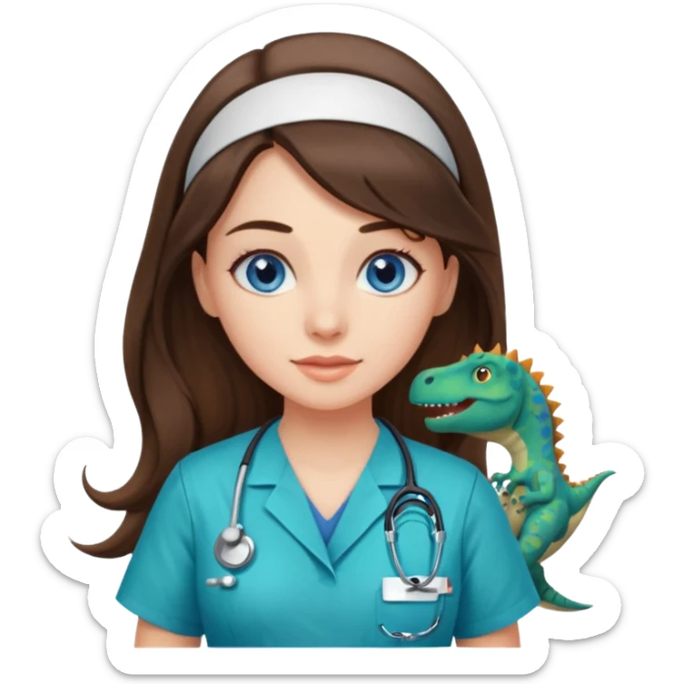 pretty brunette nurse with long hair and blue eyes in dinosaur pattern scrubs sticker