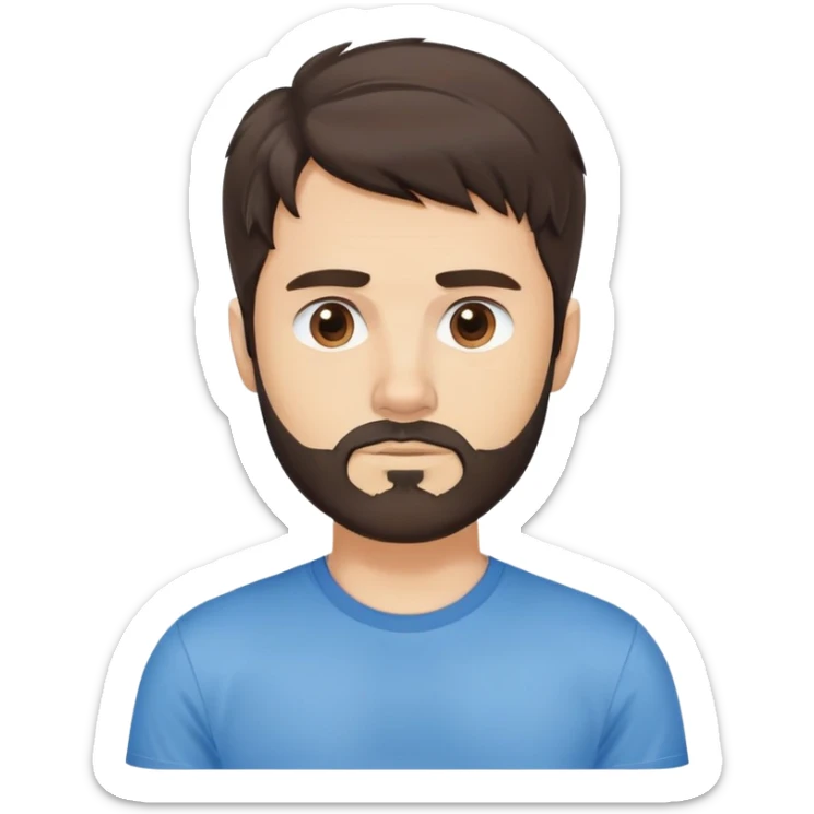 Argentine male with longer wavy dark brown hair reaching shoulders, wavy bangs, short complete beard, serious neutral face, wearing plain blue t-shirt sticker