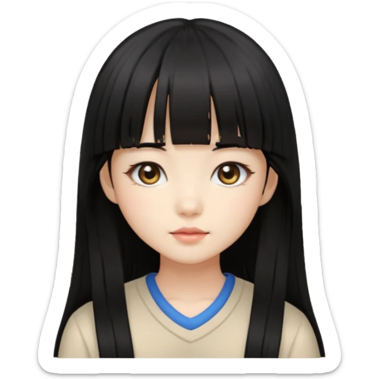 cute Korean girl, long black hair, fringe, beige eyes sticker