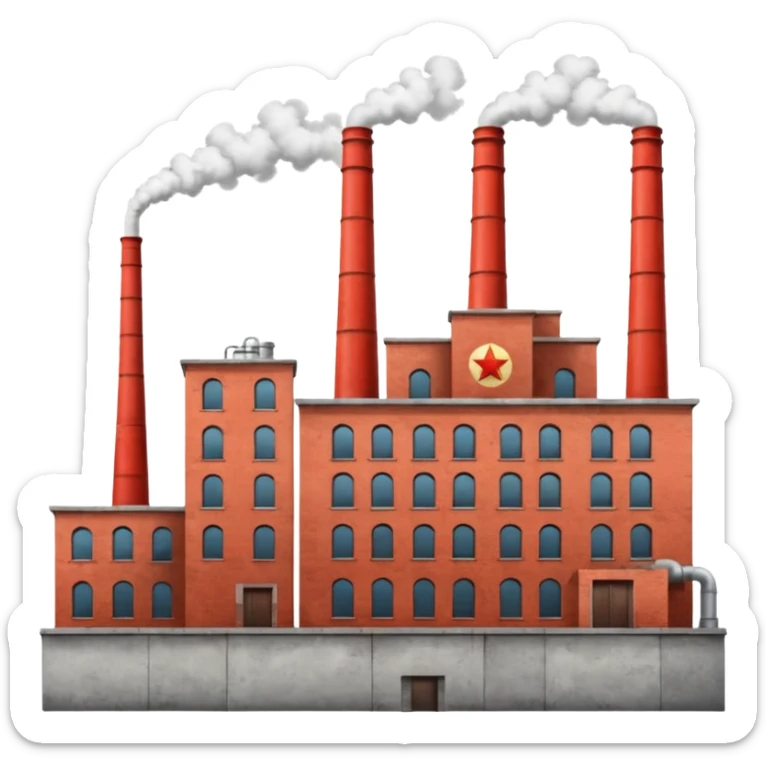 Soviet heavy equipment plant building, industrial, smokestacks, red star, utilitarian architecture, no people, no machinery outside sticker