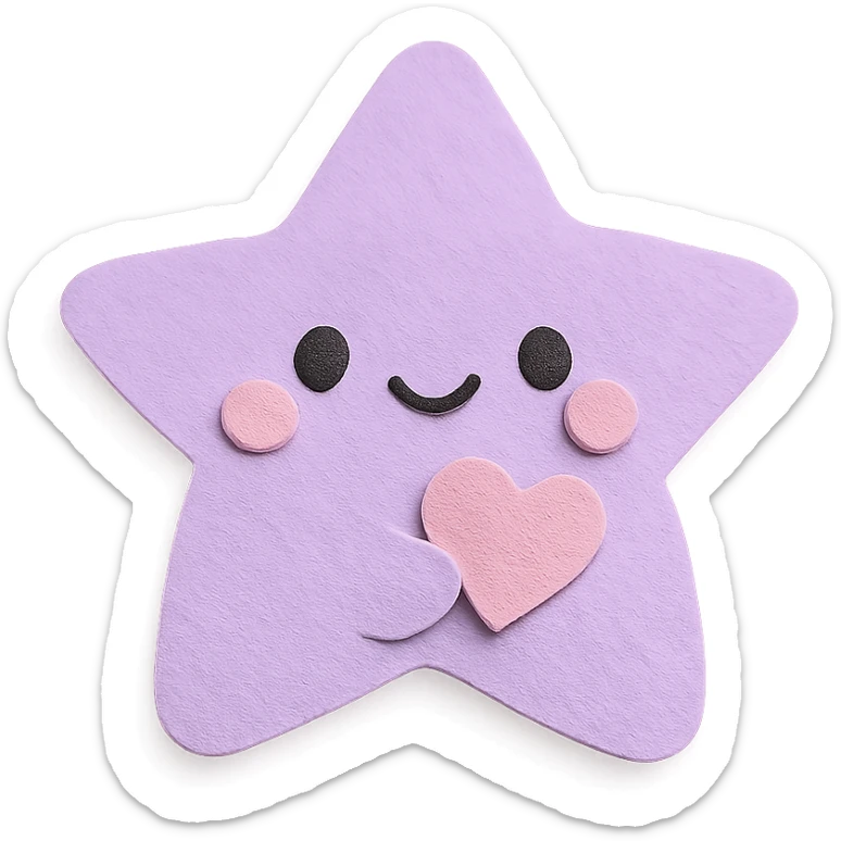 adorable pastel purple star holding a tiny pastel heart, no arms or legs, full body, kawaii paper craft style sticker